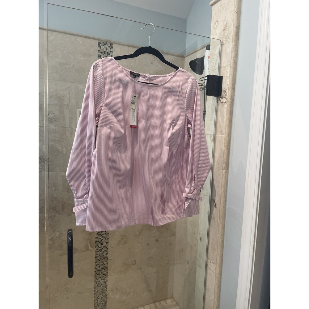 Talbots Pink Stripe Tie-Sleeve Stretch Poplin Popover Blouse Shirt M NEW